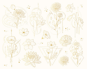 Geometrical design golden flowers set. Vector isolated spring and summer flowers  for wedding invitations and greeting cards.