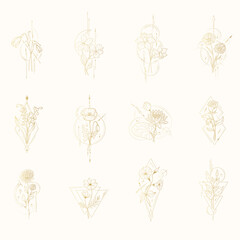 Hand drawn gold isolated set of geometrical design flowers. Vector illustration with spring and summer flowers  for gift cards and wedding invitations.