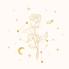 Hand drawn celestial golden rose. Vector illustration with geometrical and spiritual plants, stars and moon for greeting cards and wedding invitations.