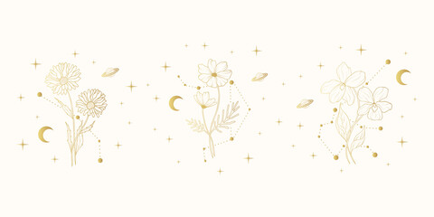 Golden set of three celestial birth month flowers. Vector isolated background with spiritual plants, moon and stars for wedding invitations and  greeting cards.