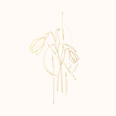Golden geometrical snowdrop. Vector illustration for wedding invitations and greeting cards.