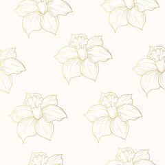 Hand drawn seamless pattern with gold daffodil. Vector background for textile and wrapping paper.
