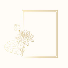 Golden delicate frame with water lily on a white background for wedding invitations and greeting cards. Vector illustration.