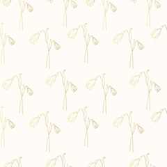 Hand drawn seamless pattern with golden snowdrop. Vector background for  wrapping paper and textile.