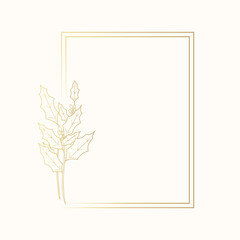 Golden delicate frame with holly berry on a white background for wedding invitations and greeting cards. Vector illustration.
