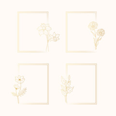 Set of golden delicate frames with birth month flowers on a white background for wedding invitations and greeting cards. Vector illustration.