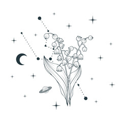 Celestial lily of the valley. Vector illustration with geometrical and spiritual plant, stars and moon for gift cards and invitations.