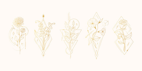 Set of five birth month flowers. Vector isolated background with golden geometrical  plants for wedding invitations and  greeting cards.