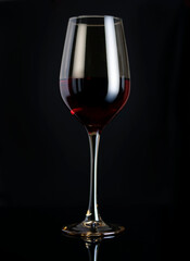 Red wine in a clear glass glass with highlights. Black background with reflection