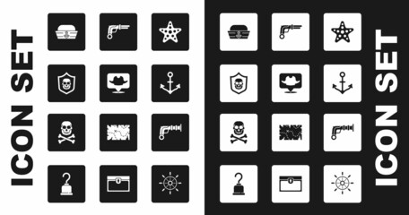 Set Starfish, Location pirate, Shield with skull, Sailor hat, Anchor, Vintage pistols, and Skull crossbones icon. Vector