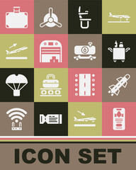 Set Mobile with ticket, Rocket, Trolley for food, Airplane seat, Aircraft hangar, Plane takeoff, Suitcase and Fuel tanker truck icon. Vector