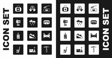 Set Winter fishing, Cloud with snow, Action camera, First aid kit, Ski goggles, Medal, Skate park and Identification badge icon. Vector