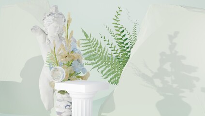 Classical Greek style background with flowers and marble carvings for product display. Blurred background. 3d rendering.