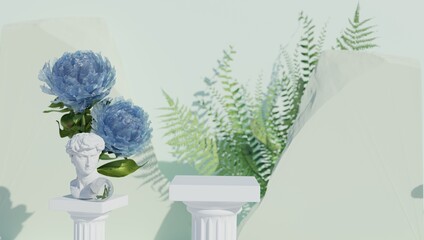 Classical Greek style background with flowers and marble carvings for product display. Blurred background. 3d rendering.