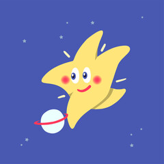 Fototapeta na wymiar Cartoon star playing scoccer with a planet. Vector illustration