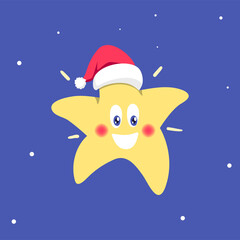 Christmas cartoon star with a Santa Claus hat. Vector illustration