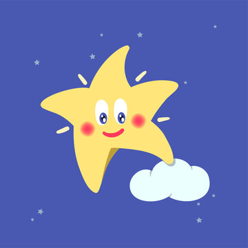 Christmas cartoon star playing with a cloud. Flat vector illustration