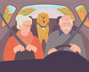 Elderly couple traveling by car with dog, flat cartoon vector illustration.