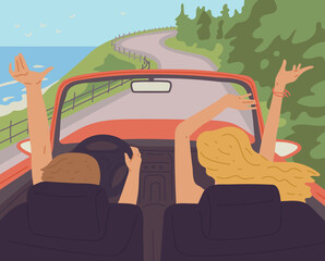 Convertible car with people driving along seashore, flat vector illustration. - obrazy, fototapety, plakaty