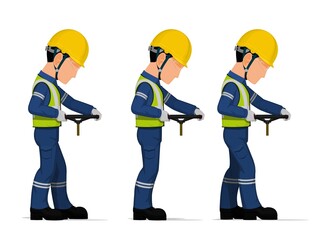 set of worker is holding hand wheel on white background