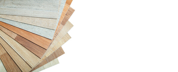 Vinyl and linoleum samples on a white isolated background. Vinyl for flooring with wood grain...