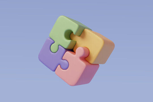 3D Vector Illustration of Colorful jigsaw puzzle cube, strategy jigsaw business and education