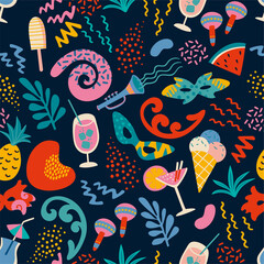 Vector seamless pattern with carnival objects and abstract shapes.