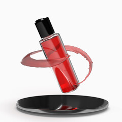 cosmetic product bottle with red fluid swirling around it hovering over a metal base 