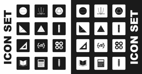 Set Triangle math, Geometric figure Tetrahedron, Angle bisector of triangle, Sphere, Ruler, Graph, schedule, chart, diagram, Calculator and Triangular ruler icon. Vector