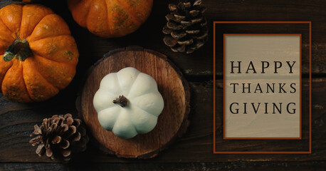 Top view flat of rustic Thanksgiving decoration for holiday greeting card during fall season.