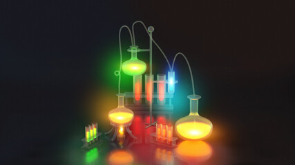 3d bright fantasy, red potions, yellow elexirs, green and blue light glass flasks for chemical laboratory experiments, science, magic and alchemy on a dark background