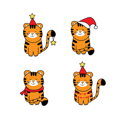 Set of cute tiger in Christmas costume - vector collection. Animal cartoon character set.