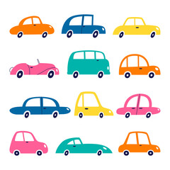 Cute set of cartoon colorful cars for kids design. Vector illustration isolated on a white background.