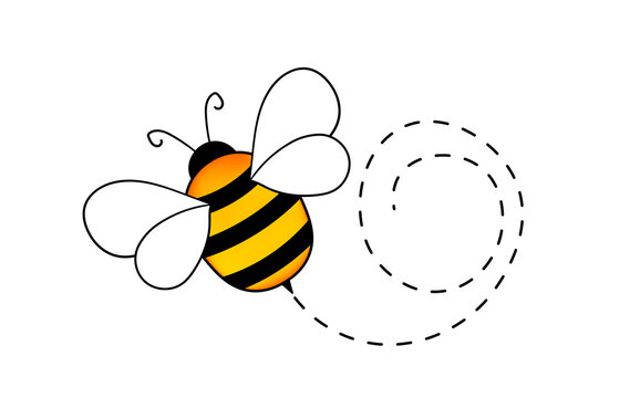 Cartoon bee mascot. A small bees flying on a dotted route. Wasp collection. Vector characters. Incest icon. Template design for invitation, cards. Doodle style