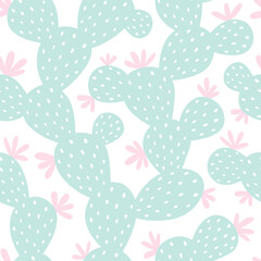 Seamless pattern with opuntia and flowers on white background. Perfect for wallpaper, fabric, wrapping paper. Vector illustration with cactuses in scandinavian style.