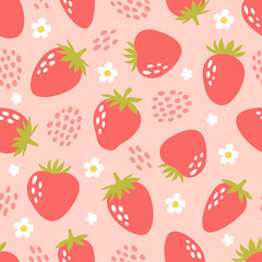 Strawberry vector hand drawn seamless pattern. Cute colorful berries with flowers and dots. Illustration ideal for printing on fabric, wrapping paper, packaging, wallpapers, textiles.