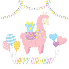 Celebratory card with cute llama, gift, balloons and garlands. Cartoon funny character for nursery design, greeting card, invitation, print, party, baby shower, poster. Vector illustration isolated on