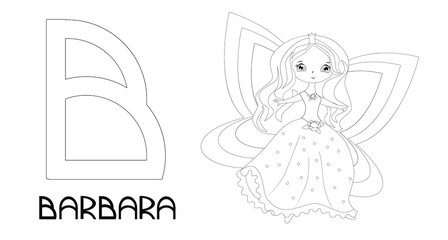 Princesses with names, alphabet letters for coloring. Name Barbara.
