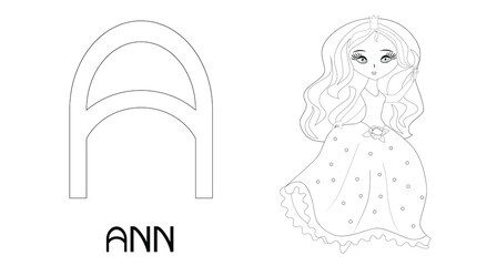 Princesses with names, alphabet letters for coloring. Name Ann.