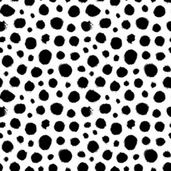 Polka dot grunge seamless vector pattern. Black circle brushstrokes and rough rounded shapes. Hand drawn abstract ink background. Circles, dots, splotches, blobs. Wallpaper design, textile print