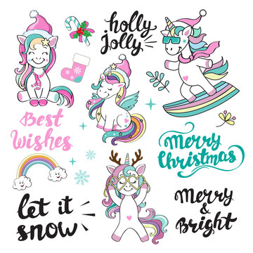 Cute christmas Unicorn collection and the inscription let it snow, Best Wishes, Holly Jolly, Merry Christmas