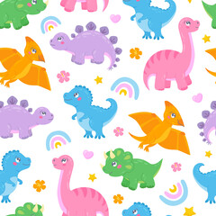 Cute seamless pattern with funny dinosaurs, hearts, rainbows, stars and flowers. Baby vector Illustration in cartoon style. Colorful childish repeated background with characters perfect for wallpaper
