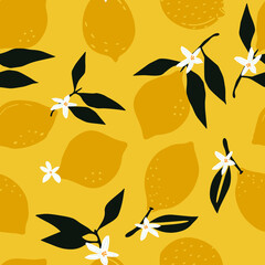 seamless lemon background with leaves on yellow background