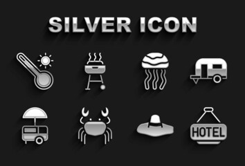 Set Crab, Rv Camping trailer, Signboard with text Hotel, Elegant women hat, Fast street food cart, Jellyfish, Meteorology thermometer and Barbecue grill icon. Vector