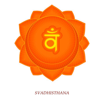 The second Swadhisthana chakra with the Hindu Sanskrit seed mantra Vam . Orange is a flat-style symbol for meditation, yoga. vector
