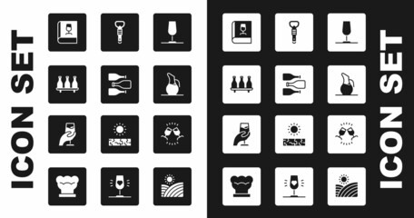 Set Wine glass, Bottles of wine, Book about, Decanter for, opener, tasting, degustation and icon. Vector