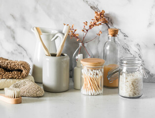 Bathroom interior design. Natural products for skin care on the light background . Eco style