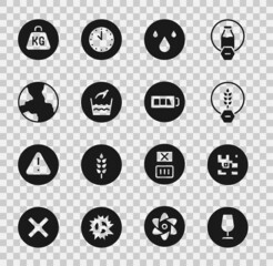 Set Fragile broken glass, QR code, Gluten free grain, Water drop, Hand wash laundry, Worldwide, Weight and Battery icon. Vector