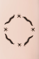 banner for halloween with place for text. scary decor for Halloween in black on a light pink background. minimalistic flat lay composition