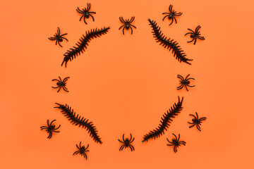 creative spooky frame for halloween celebration on bright orange background. decor for halloween in the form of various insects in black. concept for holiday postcard, banner. copy space